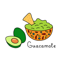 Mexican food guacamole in bowl with avocado and nachos, doodle style vector