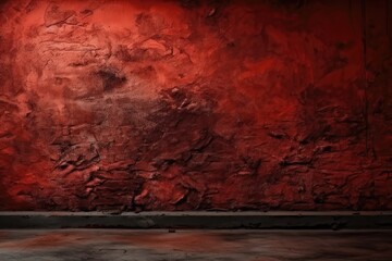 dimly lit room with a striking red accent wall and industrial concrete flooring. Generative AI