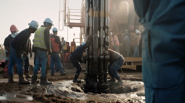 Employees with helmets at the dirty drilling rig in the mud Generative AI