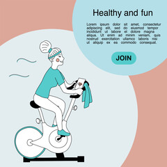 Woman on bicycle doing spinning sport activities or fitness class, doodle vector flayer for gym
