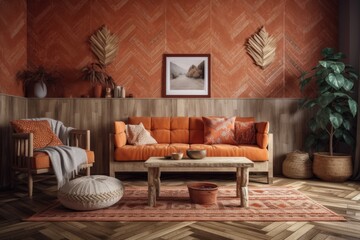 Bohemian hardwood living room with wallpaper and herringbone parquet. Sofa, jute carpet, and orange beige décor. Boho decor,. Generative AI