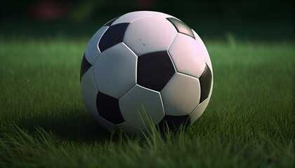 Fototapeta premium Shiny leather ball bounces on green grass generated by AI