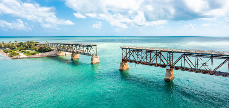 Aerial view of Bahia Honda Rail Bridge on a sunny day. The Bahia Honda Rail Bridge is a derelict railroad bridge in the lower Florida Keys connecting Bahia Honda Key with Spanish Harbor Key