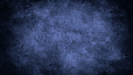Black blue grunge texture background. Dark toned old cracked concrete floor surface. Light spot. Close-up. Rough dirty broken crumbled damaged creepy.