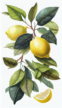 lemon with leaves isolated on white background. watercolor AI generative illustration
