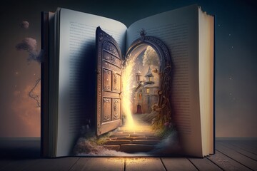 AI GENERATIVE, a giant open book in which there is a door that transports you to a world full of fantasy, . High quality photo