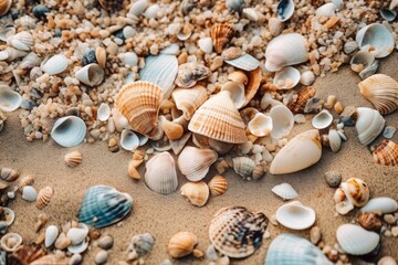 Fototapeta na wymiar colorful seashells scattered on a sandy beach. Generative AI