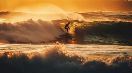 Naklejka na ściany i meble Surfer Riding a Big Wave at Sunset