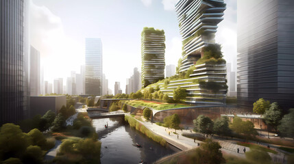 Futuristic clean energy city with allot of plants, a river and bridges. Generative AI.