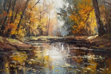 serene river scene with lush green trees on the banks. Generative AI