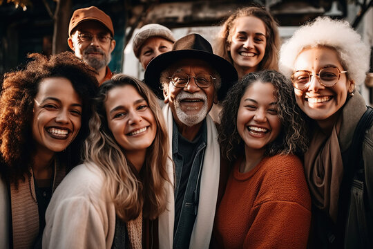 large group of selfies, many people around one woman taking great selfie of multiracial group, students having fun, big party, people from different parts of the world, multiage and diversity concept.