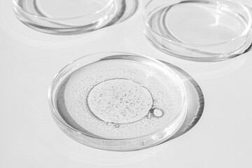 Petri dish. Petri's cup with liquid. Chemical elements, oil, cosmetics. Gel, water, molecules, viruses. Close-up. On a white background.