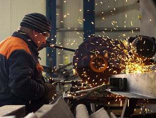 the welder works in the shop, in protective clothing, with his back to the lens, cuts metal, sparks fly from the machine