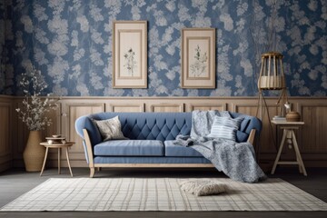 Blue and beige farmhouse living room mockup. Parquet, rattan, couch, wallpaper. Vintage decor,. Generative AI