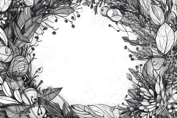 delicate monochrome floral wreath drawing. Generative AI