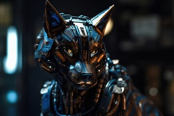Fototapeta na wymiar Blue Fox Mechanical Robotic Creature Portrait Generative AI