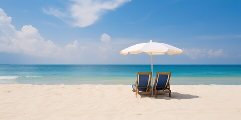 Obraz premium Chairs with umbrella on the beach, vacation concept, image created by AI