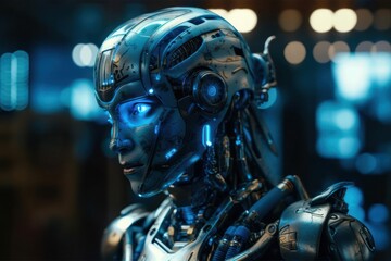 Blue Glass Mechanized Robot Portrait Generative AI