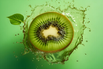Kiwi in splash water, green pastel background, generative ai.