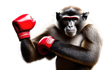 Monkey in red gloves for boxing on a transparent background