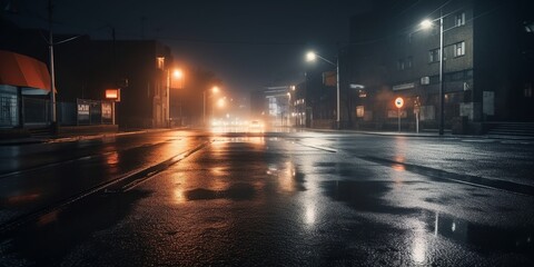 Dark empty street scene with wet asphalt reflecting neon lights, searchlight, and smoke, creating a moody night city atmosphere. generative ai - obrazy, fototapety, plakaty