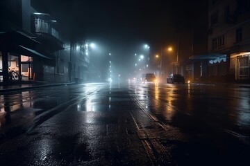 Dark empty street scene with wet asphalt reflecting neon lights, searchlight, and smoke, creating a moody night city atmosphere. generative ai