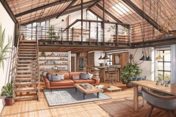 Fototapeta na wymiar Unfinished blueprint, bohemian mezzanine living and dining room with gabled ceiling. Couch and dining table. planters. Bohemian decor,. Generative AI