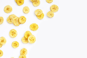 Banana slice chips on white background.