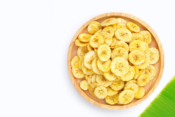 Banana slice chips on white background.