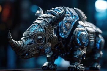 Fototapeta premium Blue Rhino Mechanized Robotic Creature Portrait Generative AI