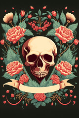 A tattoo illustration, portrait, Skull, floral, hearts, roses, Created with Generative AI