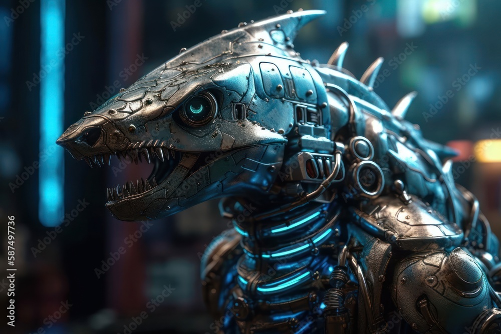 Wall mural blue shark mechanical robotic creature design generative ai