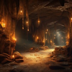 Deserted caves with passages and lights on the walls game art