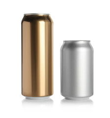 Aluminum cans with drinks on white background