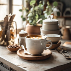 Fototapeta premium A beautifully styled coffee shot with a rustic, handmade mug in a bright, crisp white. The muted, natural lighting brings out the rich, caramel tones of the coffee
