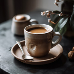 Obraz premium A beautifully styled coffee shot with a rustic, handmade mug in a bright, crisp white. The muted, natural lighting brings out the rich, caramel tones of the coffee