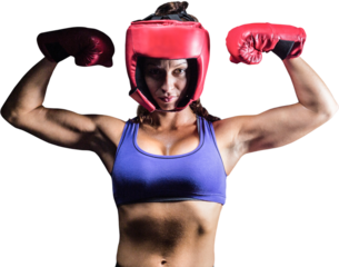 Portrait of confident female fighter flexing muscles