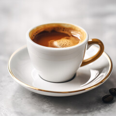 A close-up of a classic espresso shot in a white demitasse cup, with a rich crema on top. The neutral white background lets the rich, golden-brown hues of the espresso shine.