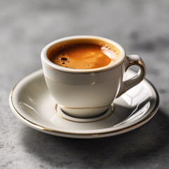 A close-up of a classic espresso shot in a white demitasse cup, with a rich crema on top. The neutral white background lets the rich, golden-brown hues of the espresso shine.