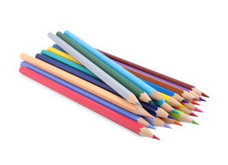 Pile of colorful wooden pencils on white background