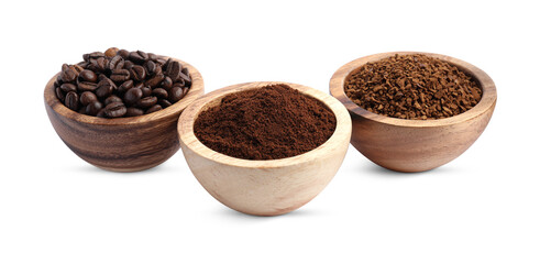 Bowls of beans, instant and ground coffee on white background