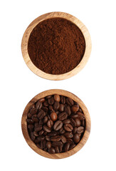 Bowls of ground coffee and beans on white background, top view