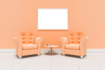 Empty armchairs against blank picture frame 