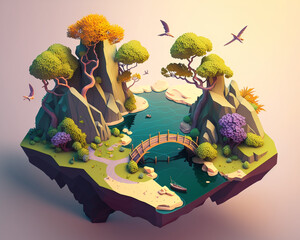 Ai generated illustration of beautiful fantasy paradise island, cartoon in low polygonal 3d model style, isometric diorama island with sea, tree, rocks. Game and green concept landscape with bridge