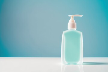 transparent bottle of antibacterial gel on a light blue background, antibacterial gel in a transparent bottle on a light blue background