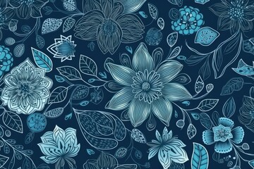blue and white floral pattern on a dark background. Generative AI