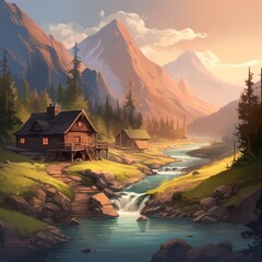 Mountains and river game art landscape mountain house