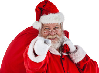 Close-up portrait of Santa Claus pointing while carrying Christmas bag