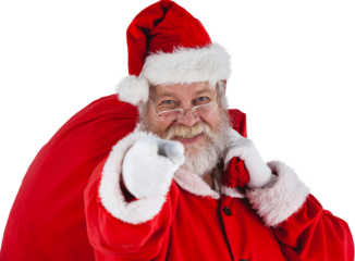 Close-up portrait of Santa Claus pointing while carrying Christmas bag