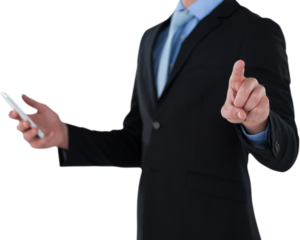 Mid section of businessman holding mobile phone while using interface screen